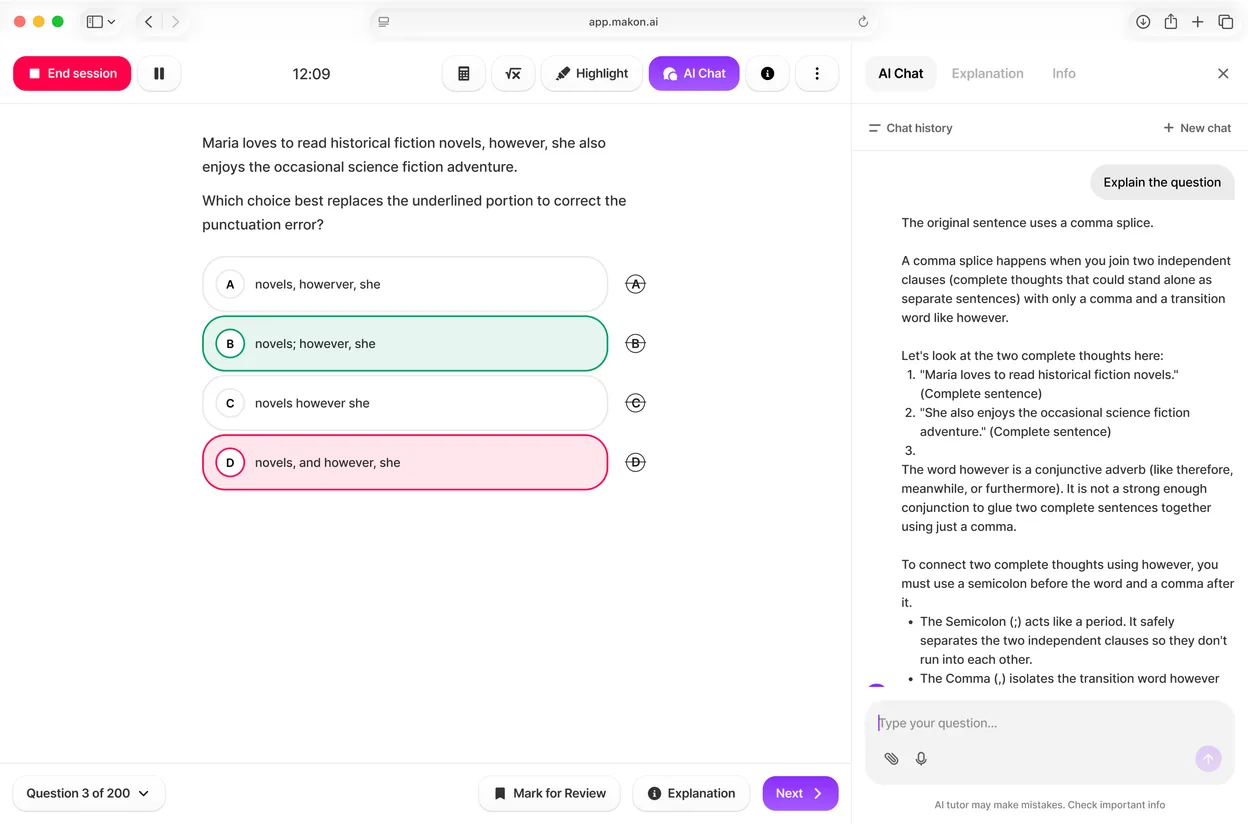 Makon Enhanced ACT practice session with AI tutor