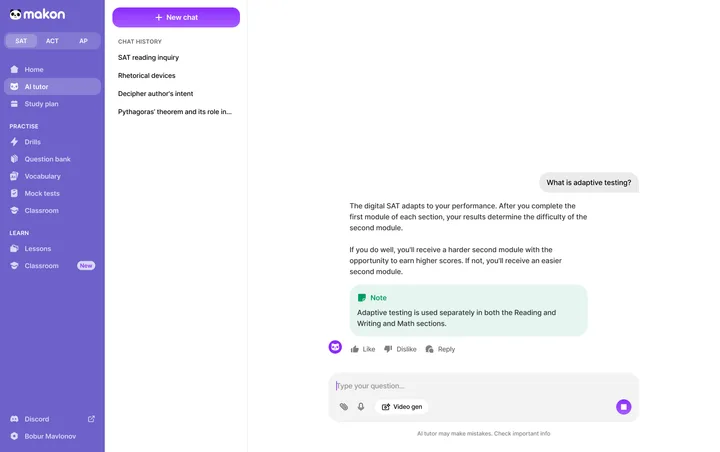 Makon AI tutor answering an SAT question