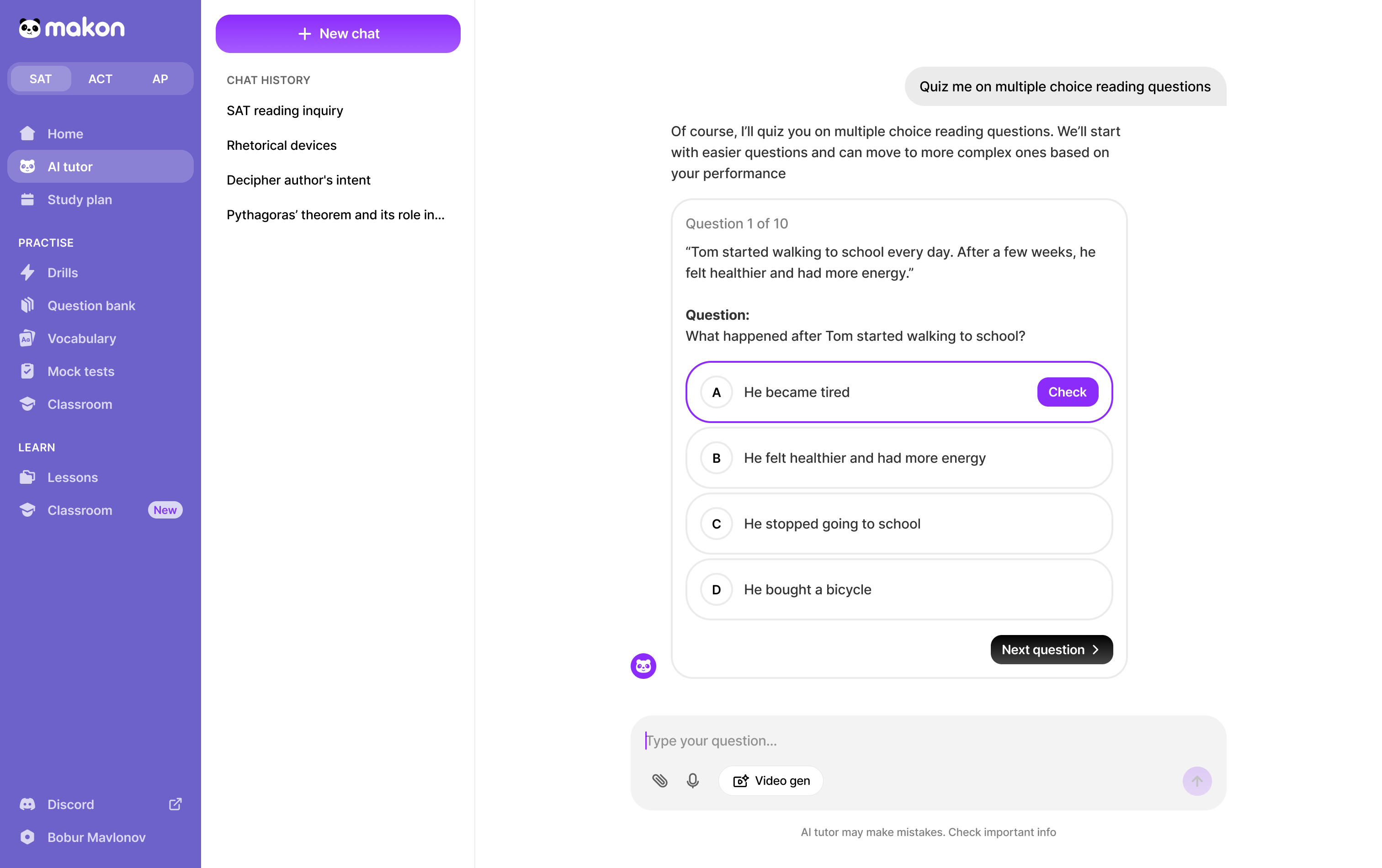 Makon AI tutor running a multiple-choice reading quiz