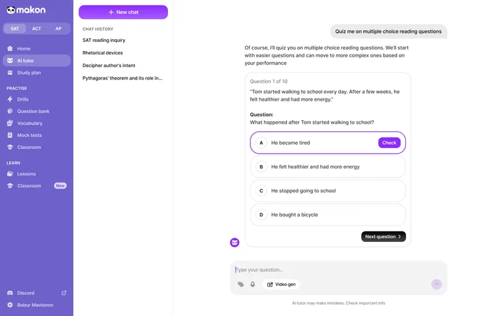 Makon AI tutor running a quiz
