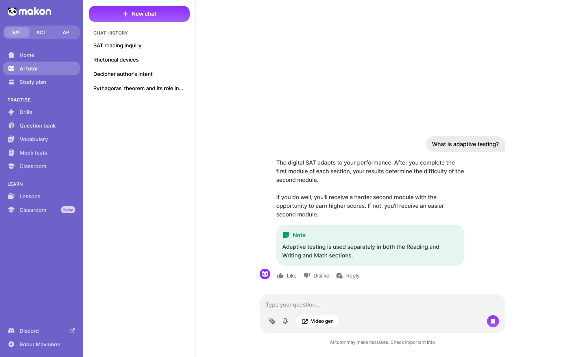 Makon AI tutor answering an SAT question