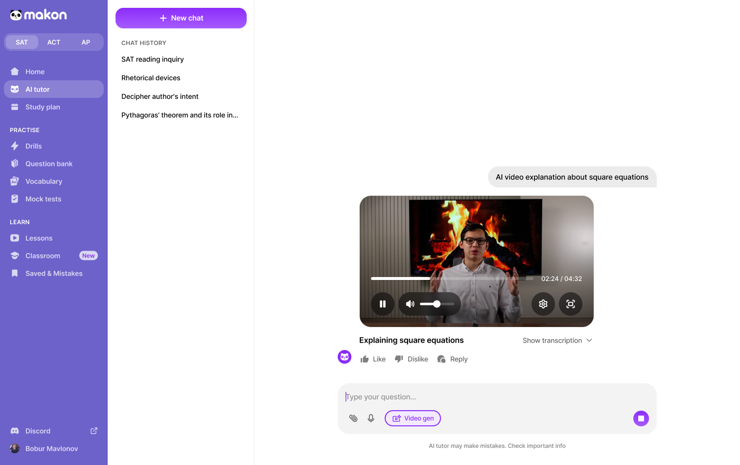 Makon AI tutor showing a generated video explanation