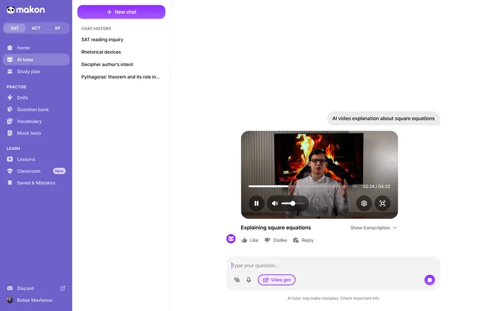 Makon AI tutor showing a video explanation