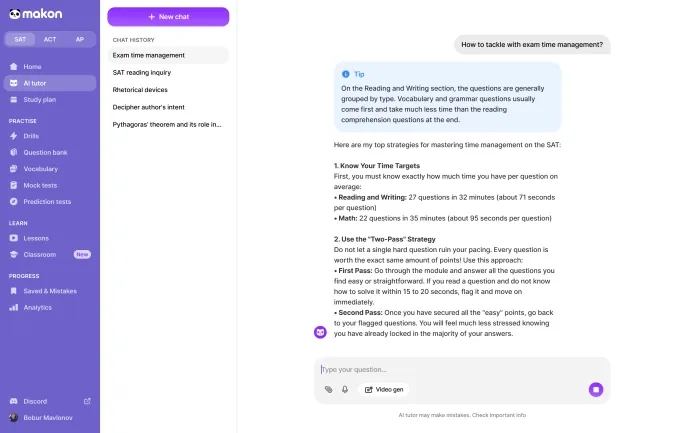 AI Tutor interface