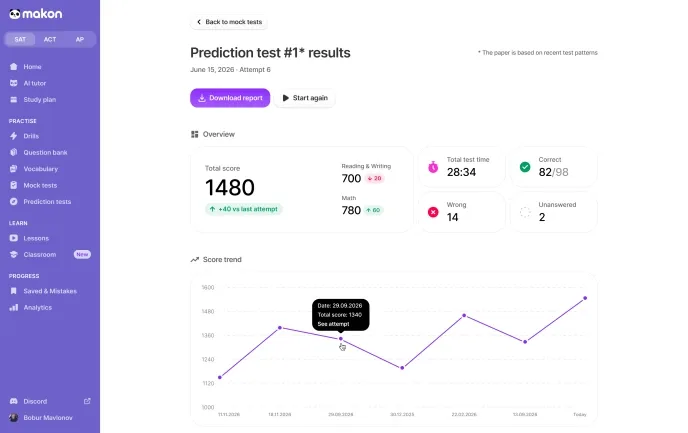 Prediction tests interface