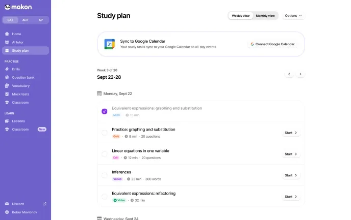 Study Plan interface