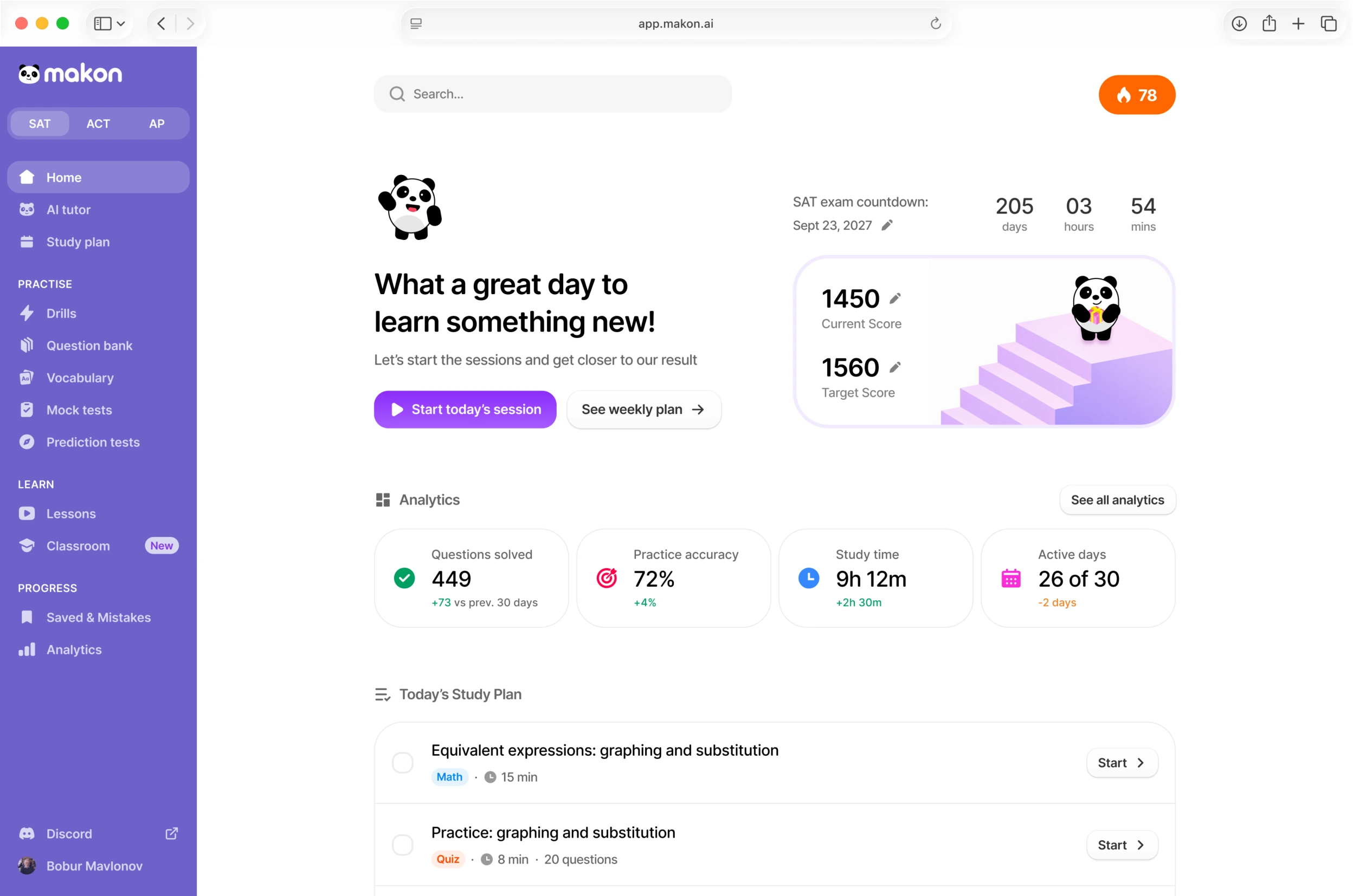 Makon AI student dashboard