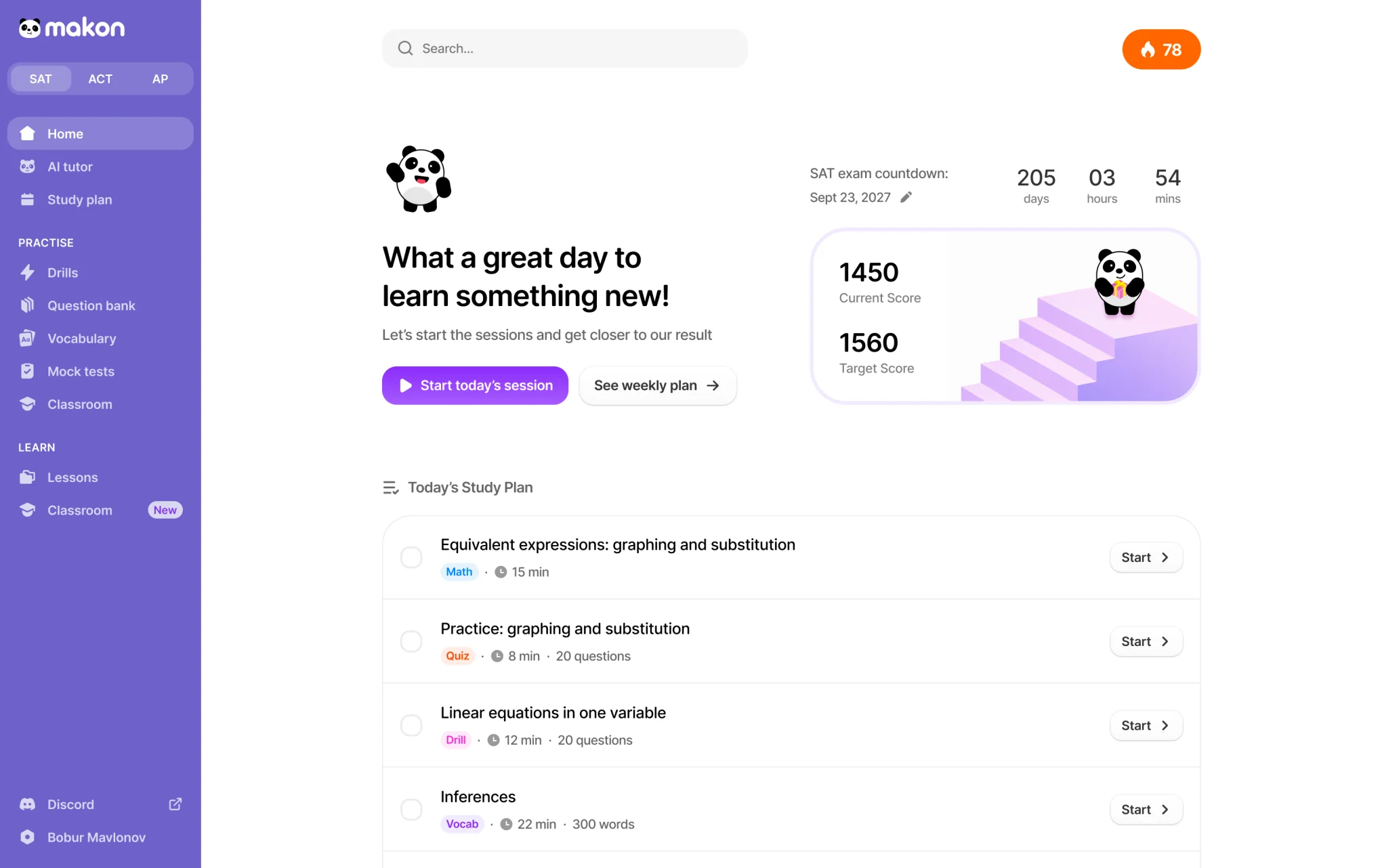 Makon study plan dashboard
