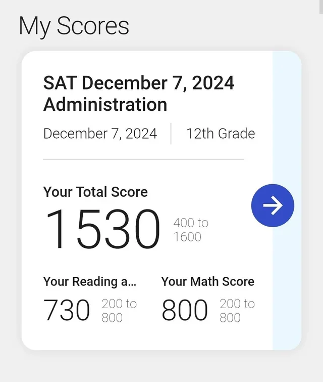 SAT score result showing 1530